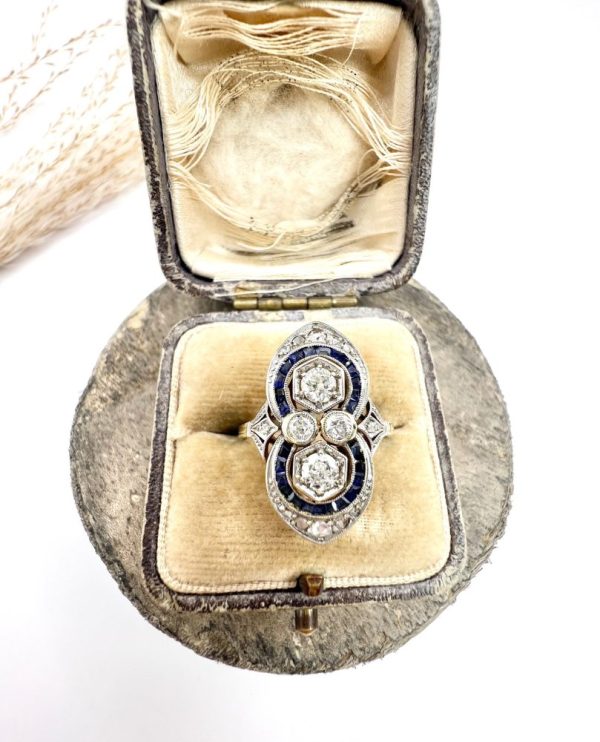 Art Deco diamond and sapphire ring in platinum and gold.