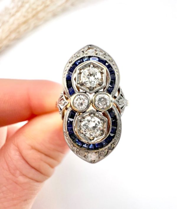 Art Deco diamond and sapphire ring in platinum and gold.