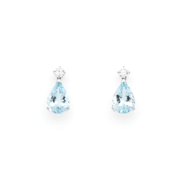 Aquamarine and diamond drop earrings in white gold.