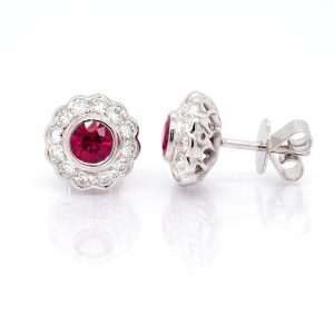18 Carat White Gold Cluster Stud Earrings With Rubies And Diamonds