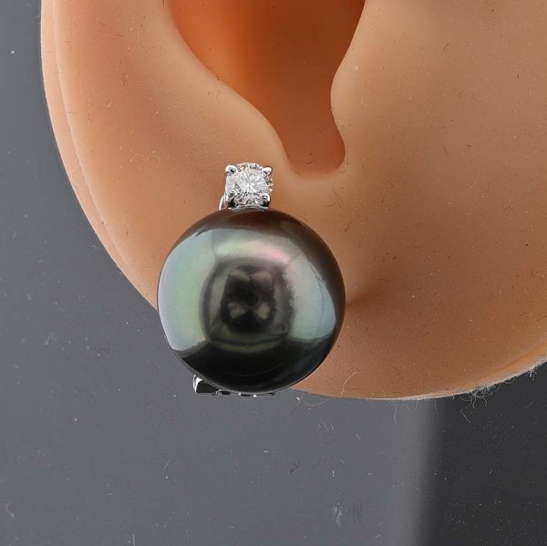 Black Tahitian Pearl and Diamond Earrings, well-matched Black Tahitian pearls with aubergine purple undertones topped with round brilliant-cut diamond solitaires in 18ct white gold