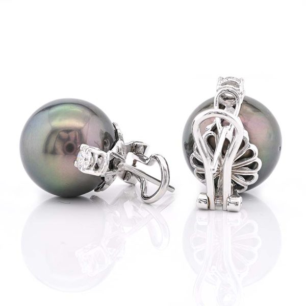 Black Tahitian Pearl and Diamond Earrings, well-matched Black Tahitian pearls with aubergine purple undertones topped with round brilliant-cut diamond solitaires in 18ct white gold