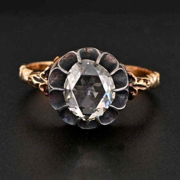 Late Georgian Early Victorian Antique 1.80ct Rose Cut Diamond Solitaire Engagement Ring in Silver to 18ct Gold 19th century
