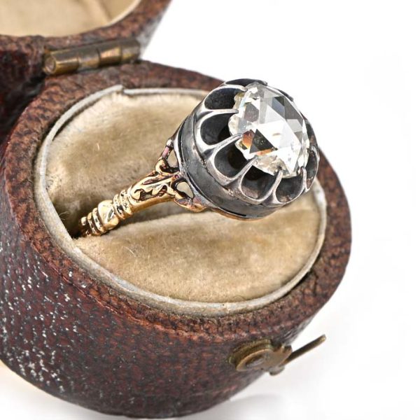 Late Georgian Early Victorian Antique 1.80ct Rose Cut Diamond Solitaire Engagement Ring in Silver to 18ct Gold 19th century