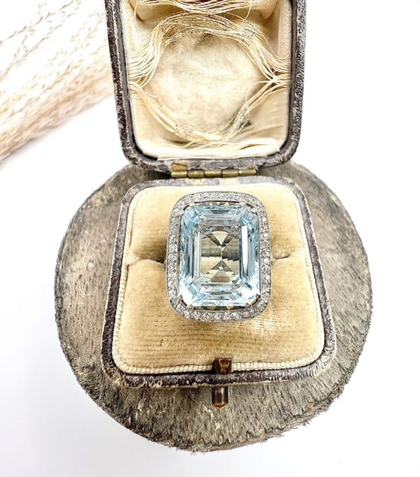 Vintage aquamarine and diamond ring in platinum.