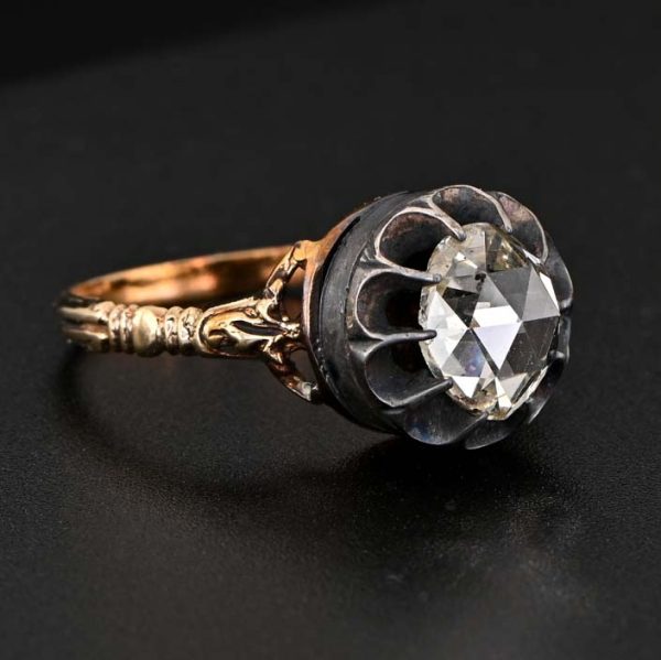 Late Georgian Early Victorian Antique 1.80ct Rose Cut Diamond Solitaire Engagement Ring in Silver to 18ct Gold 19th century