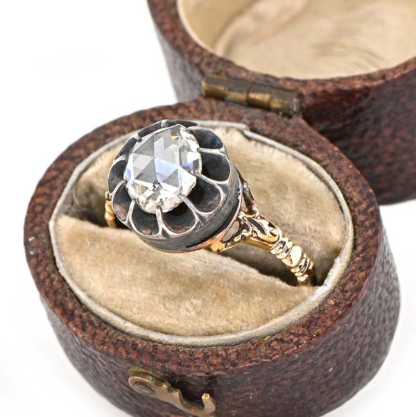 Late Georgian Early Victorian Antique 1.80ct Rose Cut Diamond Solitaire Engagement Ring in Silver to 18ct Gold 19th century