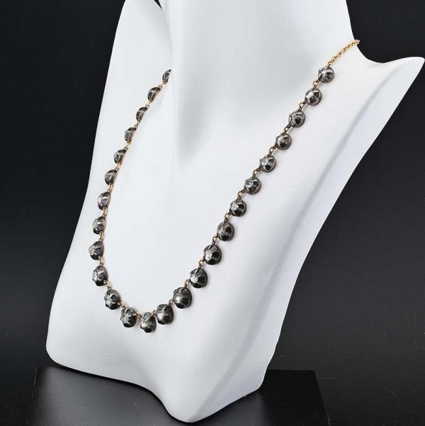 Georgian Style 6ct Rose Cut Diamond Riviere Necklace, full line of 26 rose-cut graduating diamonds in silver settings backed with 18ct gold