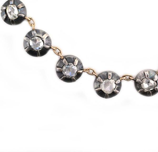 Georgian Style 6ct Rose Cut Diamond Riviere Necklace, full line of 26 rose-cut graduating diamonds in silver settings backed with 18ct gold