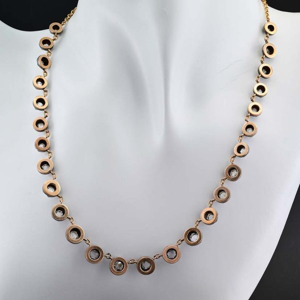 Georgian Style 6ct Rose Cut Diamond Riviere Necklace, full line of 26 rose-cut graduating diamonds in silver settings backed with 18ct gold