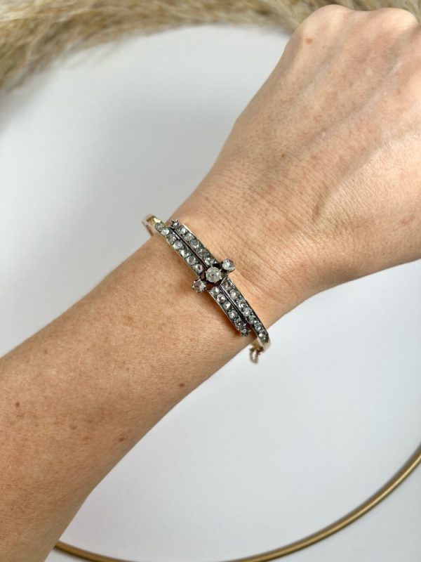 Victorian diamond two row bangle in rose gold.