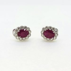 2.88ct Oval Ruby and Diamond Floral Cluster Stud Earrings