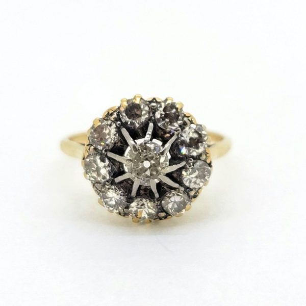 Victorian Antique Old Cut Diamond Cluster Engagement Ring, set with old mine-cut diamonds in 18ct yellow gold