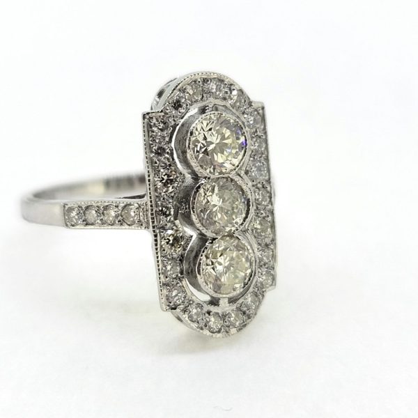 Art Deco Style 1.50ct Diamond Trilogy Cluster Tablet Plaque Ring in Platinum