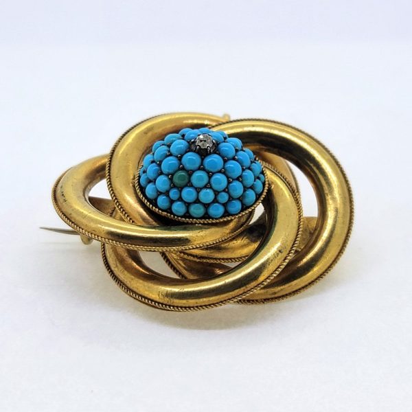 Victorian Antique Turquoise Diamond 15ct Gold Pendant Brooch