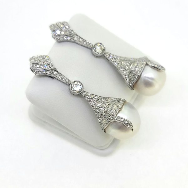 2ct Diamond and South Sea Pearl Drop Earrings, South Sea pearls with silver grey undertones suspended from decorative diamond tops in 18ct white gold