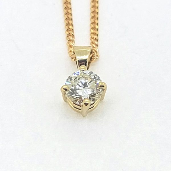 0.51ct Brilliant Diamond Solitaire Pendant with Chain, single stone round brilliant-cut diamond claw set in 18ct yellow gold on yellow gold chain