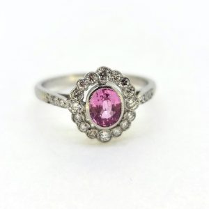 0.80ct Pink Sapphire and Diamond Cluster Engagement Ring in Platinum