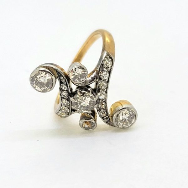 Victorian Antique Old Cut Diamond Ring, central old cut diamond set within curved diamond-set shoulders with larger diamond accents