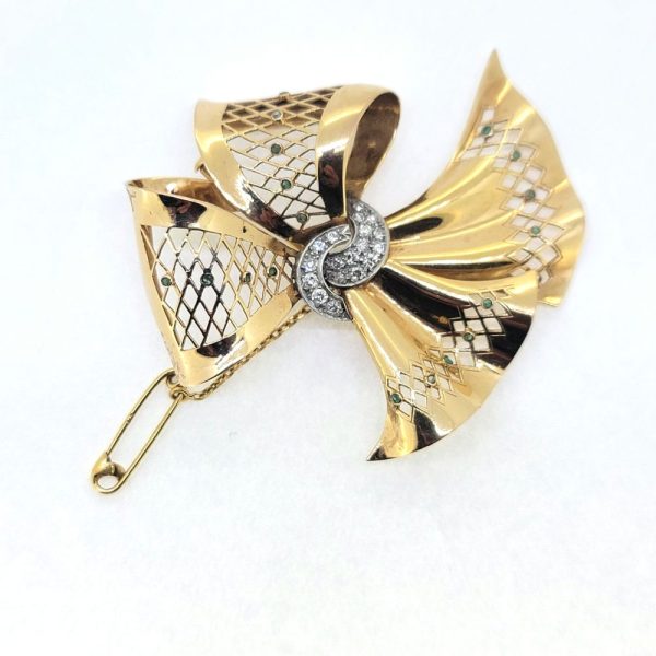 Vintage French Diamond Set 18ct Yellow Gold Bow Brooch, flowing 18ct yellow gold brooch in a brooch design accented with diamonds