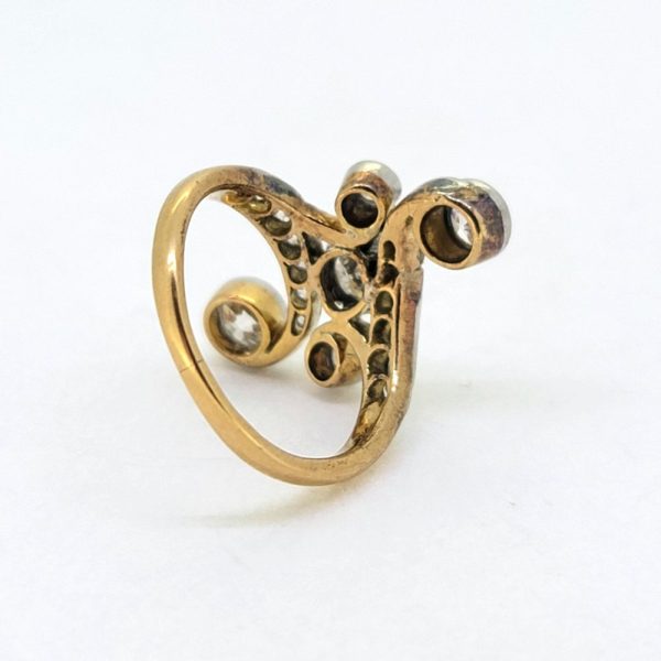 Victorian Antique Old Cut Diamond Ring, central old cut diamond set within curved diamond-set shoulders with larger diamond accents