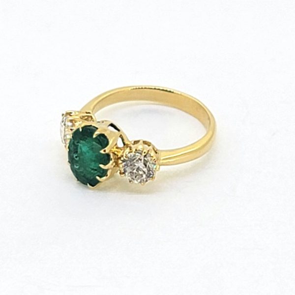 2.32ct Oval Emerald and 1ct Diamond Three Stone Trilogy Engagement Ring in 18ct Yellow Gold