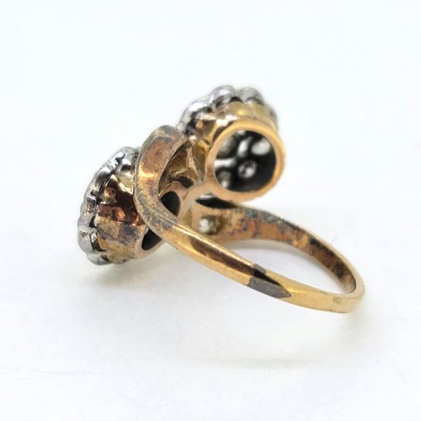 Victorian Antique Diamond Double Floral Cluster Ring, composed of two diamond flower clusters set with sparkling old-cut diamonds in 18ct yellow gold