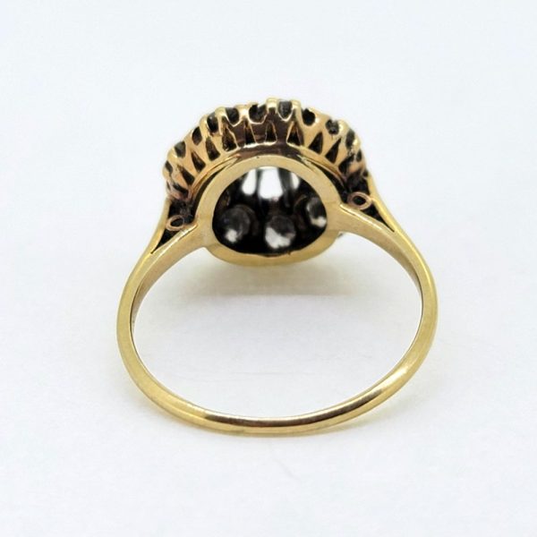 Victorian Antique Old Cut Diamond Cluster Engagement Ring, set with old mine-cut diamonds in 18ct yellow gold