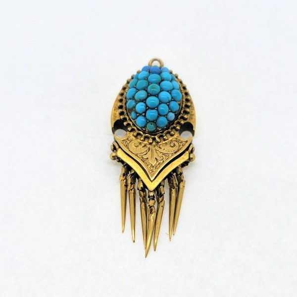 Victorian Antique Turquoise Diamond 15ct Gold Pendant Brooch