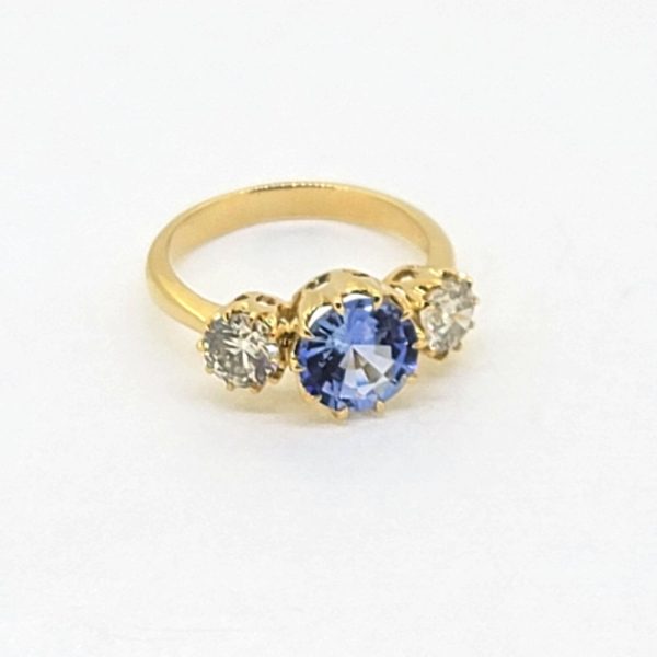 2ct Sri Lanka Sapphire and Diamond Three Stone Trilogy Engagement Ring in 18ct Yellow Gold, 2.01ct round Sri Lanka sapphire 1.01cts brilliant-cut diamonds