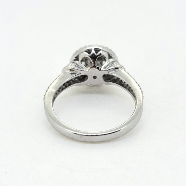 Diamond Halo Cluster Engagement Ring in 18ct Gold, 1.13 carats, central diamond cluster surrounded by circular diamond halo border with diamond set shoulders