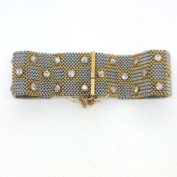 25ct Aquamarine and Diamond Set Bi Colour Gold Mesh Bracelet, square shaped 18ct yellow and white gold woven panels accented with diamonds to large rectangular step-cut aquamarine flanked by diamonds