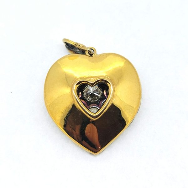 5ct Diamond Heart Pendant in Silver Upon Gold, heart shaped pendant set with 5 carats of sparkling diamonds set in silver upon yellow gold with detailed reverse