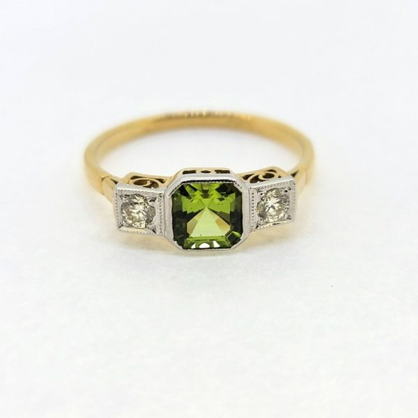 Peridot and Diamond Three Stone Engagement Ring