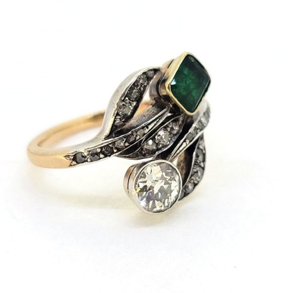 Art Nouveau Antique Emerald and Diamond Dress Ring, stunning antique old cut diamond and emerald ring from the decorative Art Nouveau era in 18ct gold