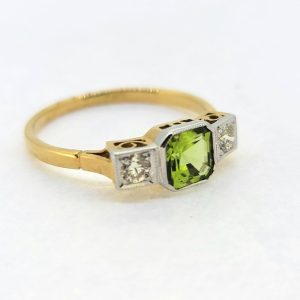 Peridot and Diamond Three Stone Engagement Ring