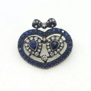 Antique Sapphire and Diamond Heart Bow Brooch