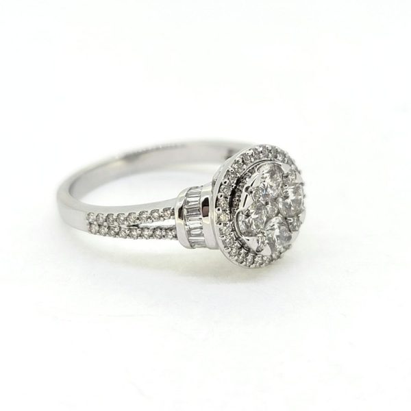Diamond Halo Cluster Engagement Ring in 18ct Gold, 1.13 carats, central diamond cluster surrounded by circular diamond halo border with diamond set shoulders