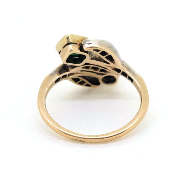 Art Nouveau Antique Emerald and Diamond Dress Ring, stunning antique old cut diamond and emerald ring from the decorative Art Nouveau era in 18ct gold