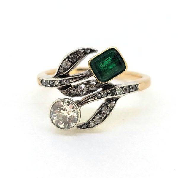 Art Nouveau Antique Emerald and Diamond Dress Ring, stunning antique old cut diamond and emerald ring from the decorative Art Nouveau era in 18ct gold
