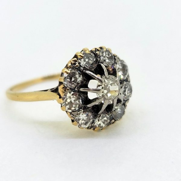 Victorian Antique Old Cut Diamond Cluster Engagement Ring, set with old mine-cut diamonds in 18ct yellow gold