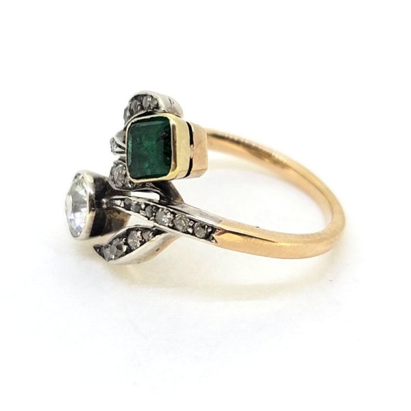 Art Nouveau Antique Emerald and Diamond Dress Ring, stunning antique old cut diamond and emerald ring from the decorative Art Nouveau era in 18ct gold