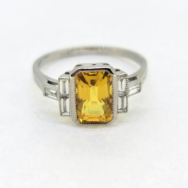 2.40ct Yellow Sapphire and Baguette Diamond Ring in Platinum