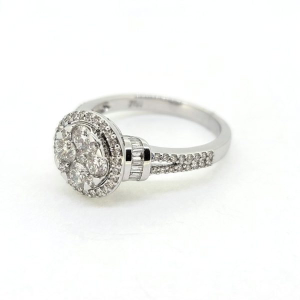 Diamond Halo Cluster Engagement Ring in 18ct Gold, 1.13 carats, central diamond cluster surrounded by circular diamond halo border with diamond set shoulders