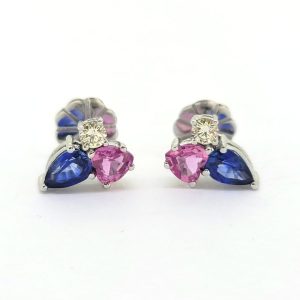 Pink and Blue Sapphire Earrings with Diamonds, 1.20cts pear-shaped blue sapphires and 0.97cts heart-shaped pink sapphires topped with sparkling diamonds in 18ct white gold