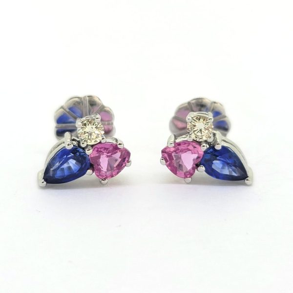 Pink and Blue Sapphire Earrings with Diamonds, 1.20cts pear-shaped blue sapphires and 0.97cts heart-shaped pink sapphires topped with sparkling diamonds in 18ct white gold