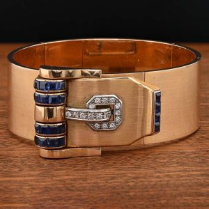 Art Deco Italian Weingrill Sapphire Diamond Gold Buckle Clip Bangle Bracelet, wide 18ct yellow gold bangle with detachable sapphire diamond buckle clip brooch, Circa 1925