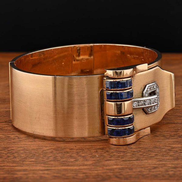 Art Deco Italian Weingrill Sapphire Diamond Gold Buckle Clip Bangle Bracelet, wide 18ct yellow gold bangle with detachable sapphire diamond buckle clip brooch, Circa 1925