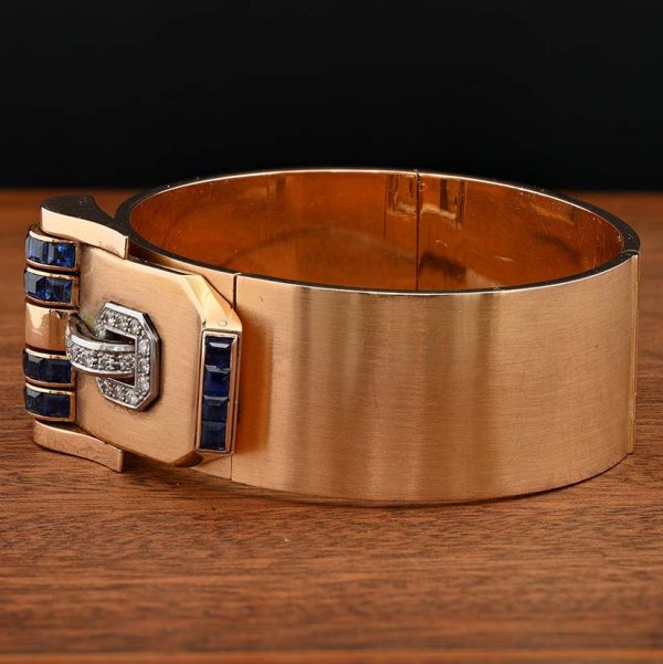 Art Deco Italian Weingrill Sapphire Diamond Gold Buckle Clip Bangle Bracelet, wide 18ct yellow gold bangle with detachable sapphire diamond buckle clip brooch, Circa 1925