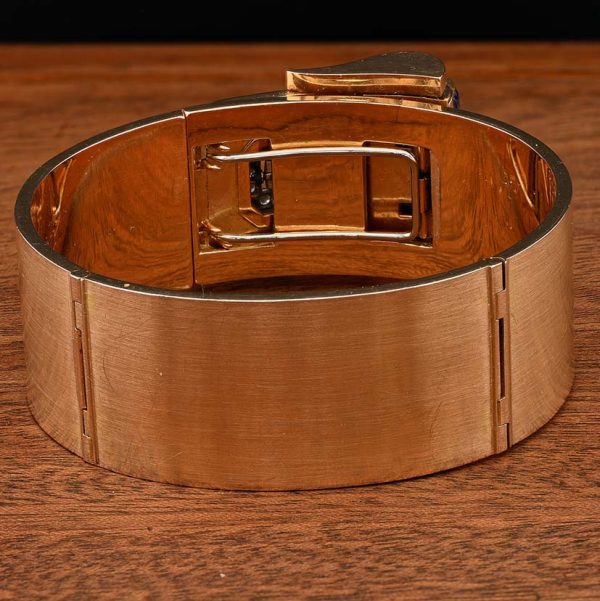 Art Deco Italian Weingrill Sapphire Diamond Gold Buckle Clip Bangle Bracelet, wide 18ct yellow gold bangle with detachable sapphire diamond buckle clip brooch, Circa 1925